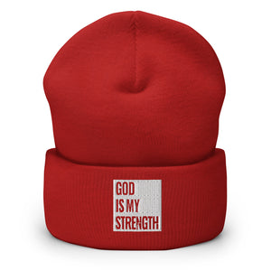 "GOD IS MY STRENGTH" RED & BLK Cuffed Beanie